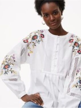 LOFT White Embroidered Peasant Tunic with Multicolor Floral Accents size M